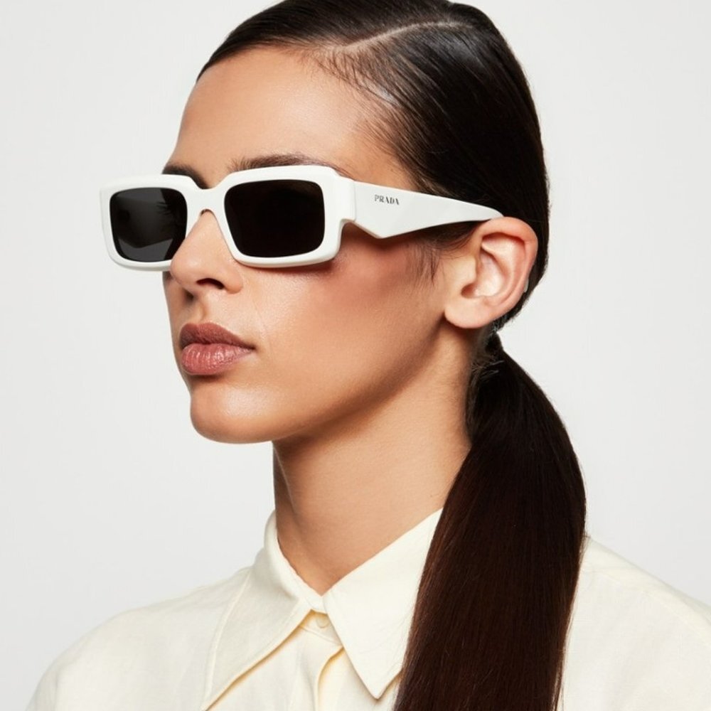 Prada PR27ZS 17K08Z Sunglasses Talc White Dark Grey Unisex Rectangle PR 27ZS